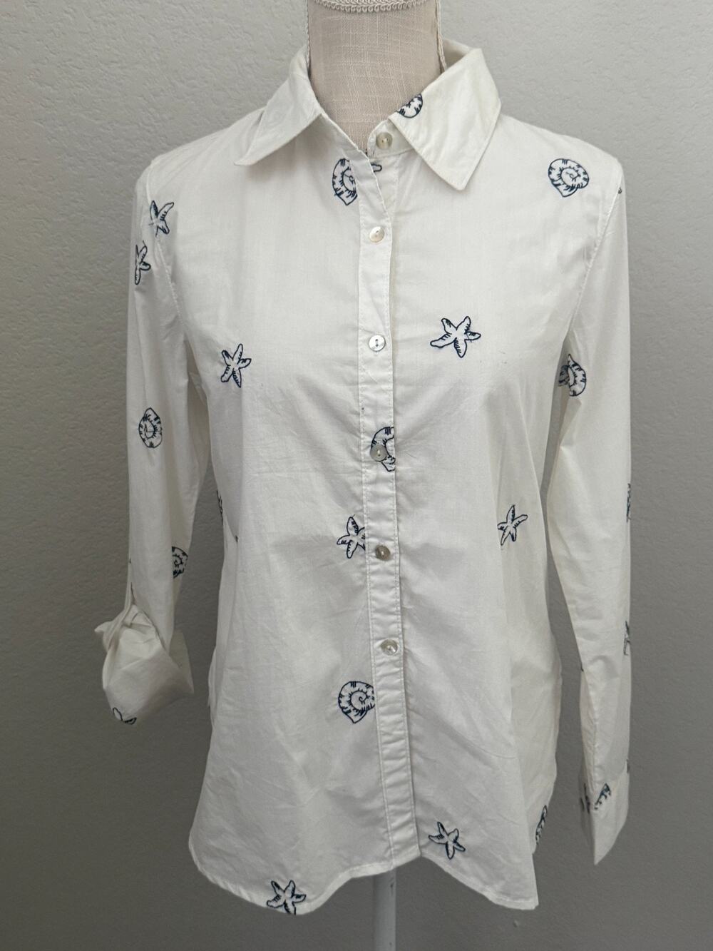 Calypso St Barth XS White Nautical Shell Starfish Embroidered Poplin Shirt Top